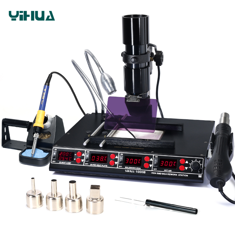 YIHUA 1000B IR heating soldering iron Infrared light 3 in 1 digital SMD soldering iron welding hot air desoldering preheat equipment preheat BGA soldering rework station
