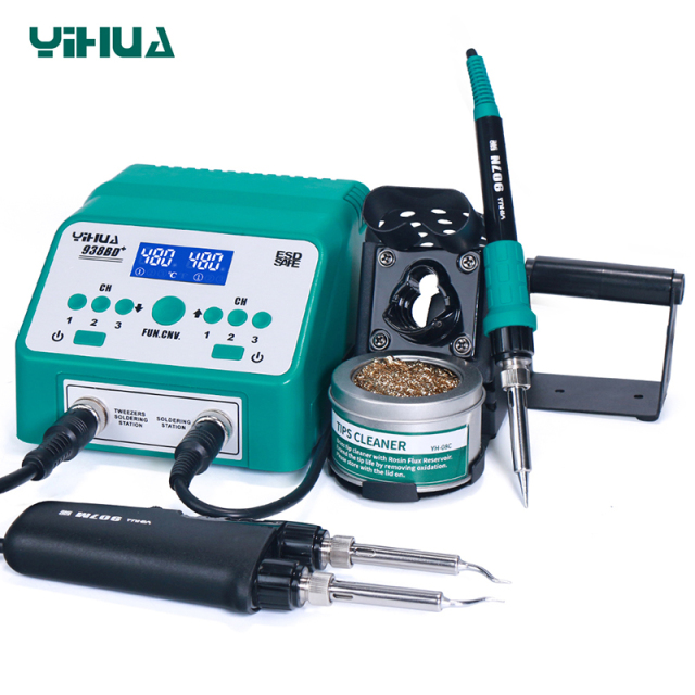 YIHUA 938BD+ Upgrade Version 2 in 1 large power SMD Soldering Iron Hot Tweezer soldering station