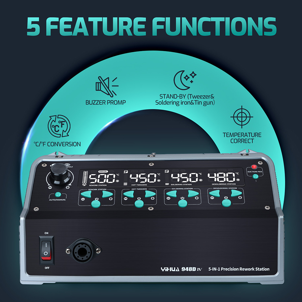 YIHUA 948D-IV 1410W Fast Heat 5 IN 1 Suction Sucker C245 Presicion Soldering Iron Hot Air Gun IC Picker Tin Remove Rework Station