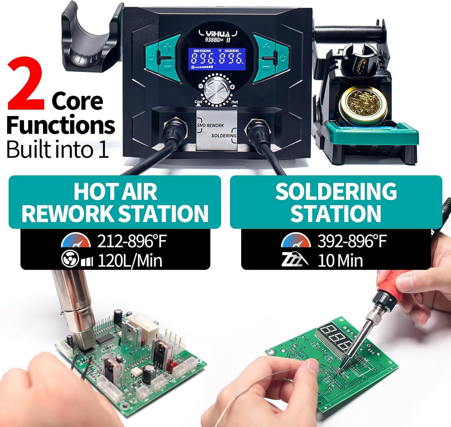 YIHUA 938BD+ II Soldering Iron Station Hot Air Rework with Sleep Mode, °F /°C, Digital Temperature Calibration Functions with Lead-free solder wire, 3 soldering tips, X-2 holder