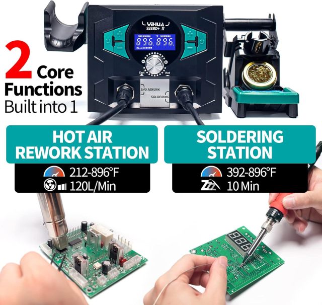 YIHUA 938BD+ II Soldering Iron Station Hot Air Rework with Sleep Mode, °F /°C, Digital Temperature Calibration Functions with Lead-free solder wire, 3 soldering tips, X-2 holder