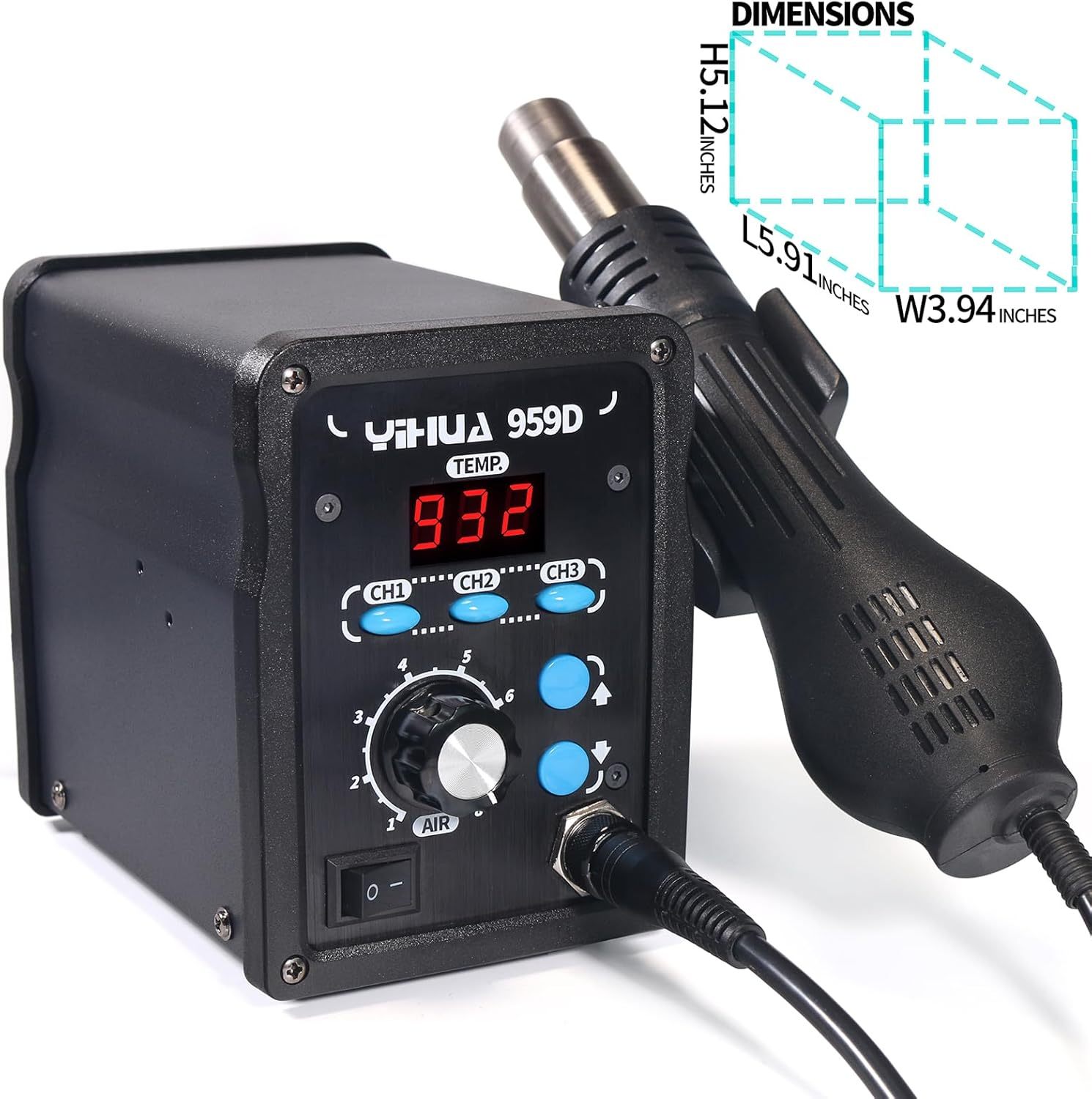 YIHUA 959D-Digital Hot Air Rework Station, High Power with 3 Memories, Airflow Efficiency, °F /°C Display, Accurate Temp.(212°F~932°F), Brushed Aluminum Panel & Safety Features