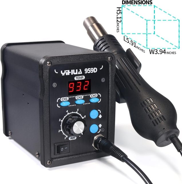 YIHUA 959D-Digital Hot Air Rework Station, High Power with 3 Memories, Airflow Efficiency, °F /°C Display, Accurate Temp.(212°F~932°F), Brushed Aluminum Panel & Safety Features
