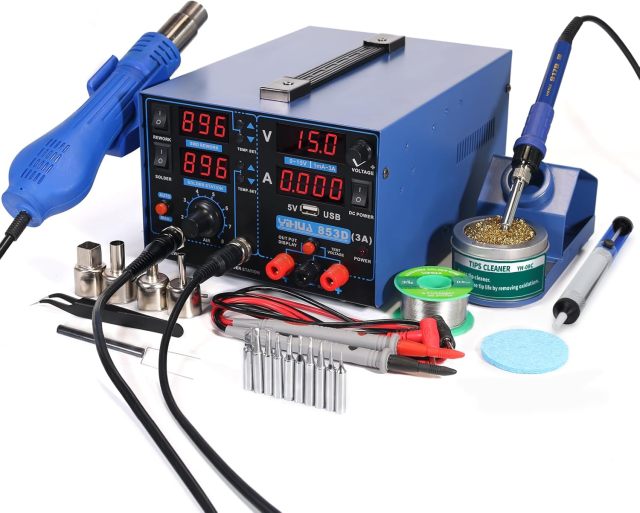 YIHUA 853D USB 3A-Three Tools- Soldering Station, Hot Air Rework Station and Power Supply 0~3A, 0-15V with output and test modes. Also ºC/°F display, Digital Cal, Sleep Function