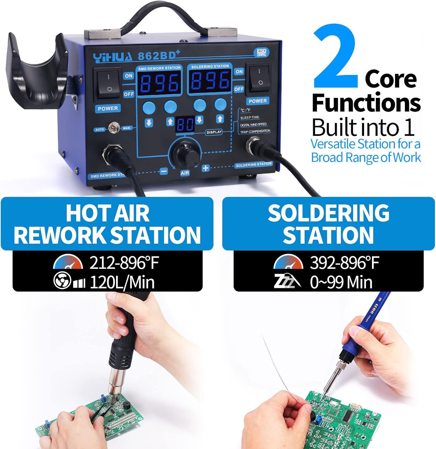YIHUA 862BD+ SMD ESD Safe 2 in 1 Soldering Iron Hot Air Rework Station °F /°C with Multiple Functions