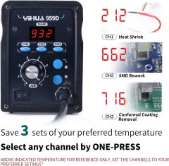 YIHUA 959D-Digital Hot Air Rework Station, High Power with 3 Memories, Airflow Efficiency, °F /°C Display, Accurate Temp.(212°F~932°F), Brushed Aluminum Panel & Safety Features