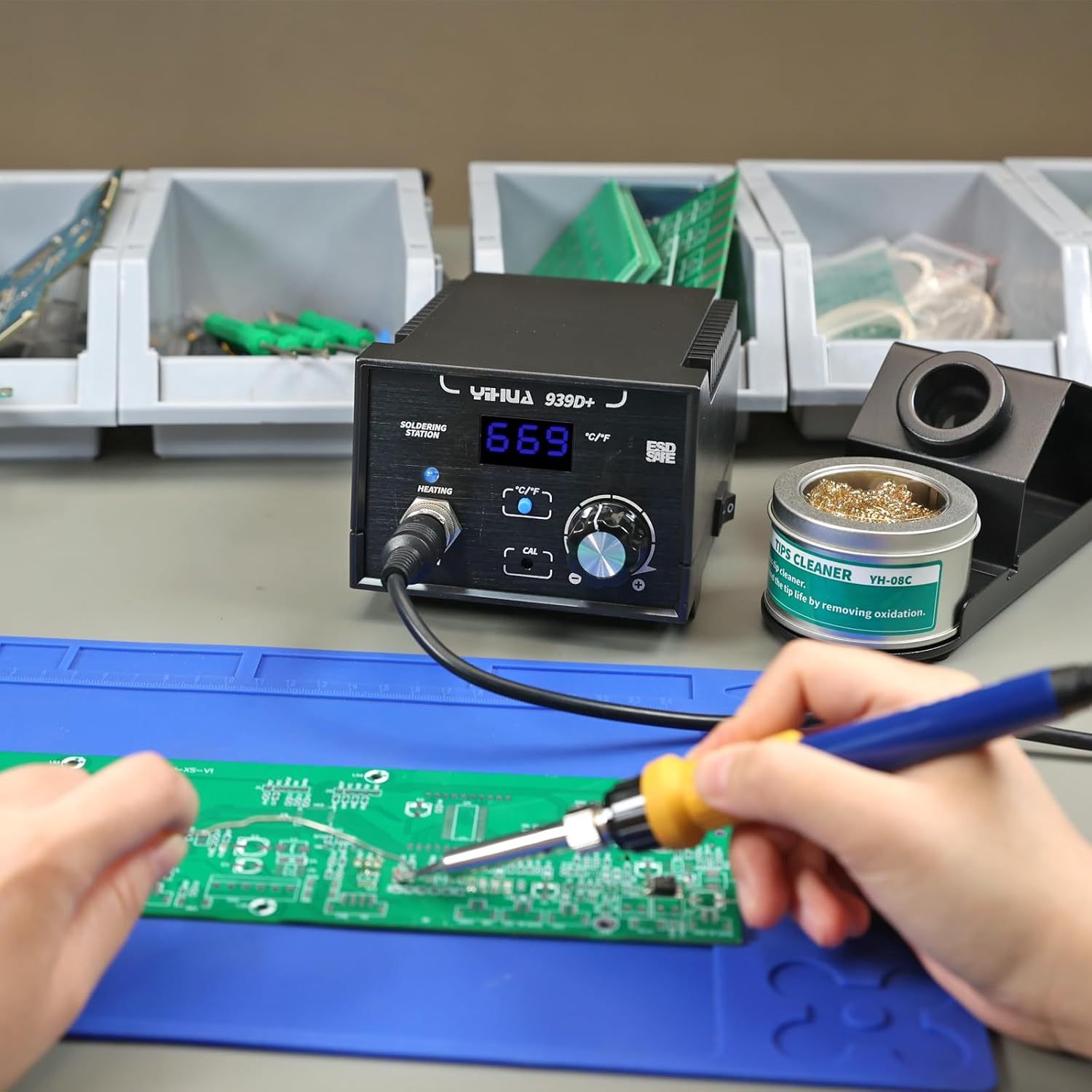 YIHUA 939D+ Digital Soldering Station, 75 Watt Equivalent with Temperature Control, °C/°F Display. ESD safe for Electronics. Aluminum Panel (Resists Burn). Solder Tips, Lead-free Solder & Extras