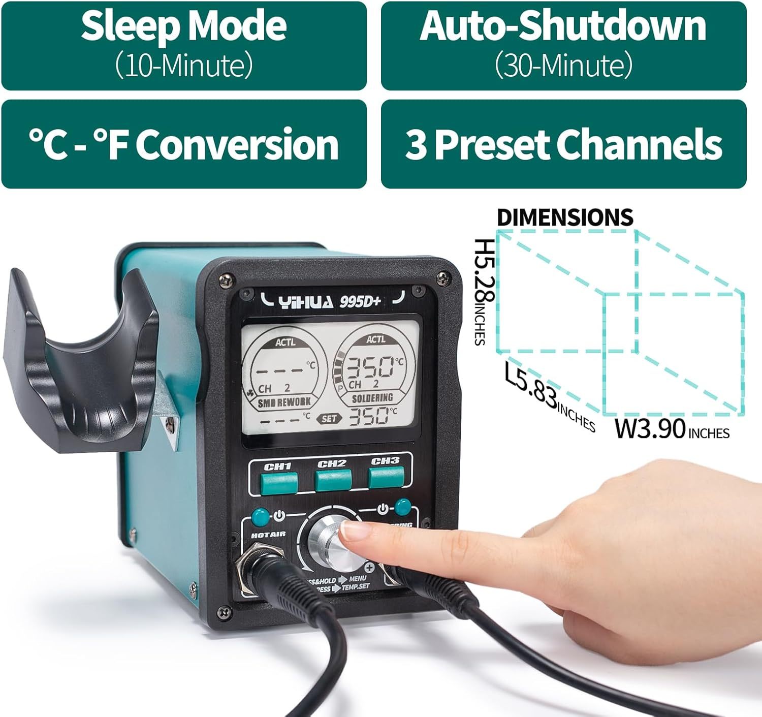YIHUA 995D+ EVO Soldering Hot Air Station Kit 2-IN-1 110W Soldering Iron with LCD Display, Power Meter, Preset Channels, Sleep Mode, °C-°F Conversion, Automatic Shutdown Functions