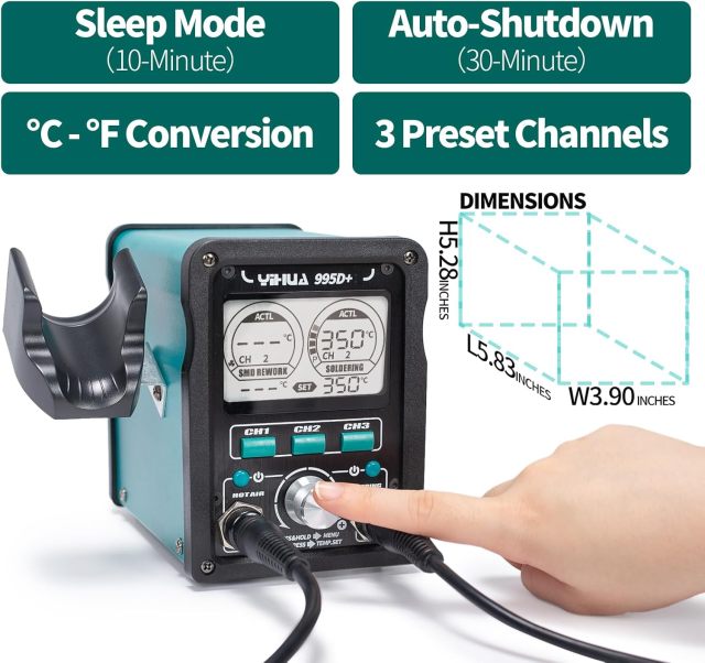 YIHUA 995D+ EVO Soldering Hot Air Station Kit 2-IN-1 110W Soldering Iron with LCD Display, Power Meter, Preset Channels, Sleep Mode, °C-°F Conversion, Automatic Shutdown Functions