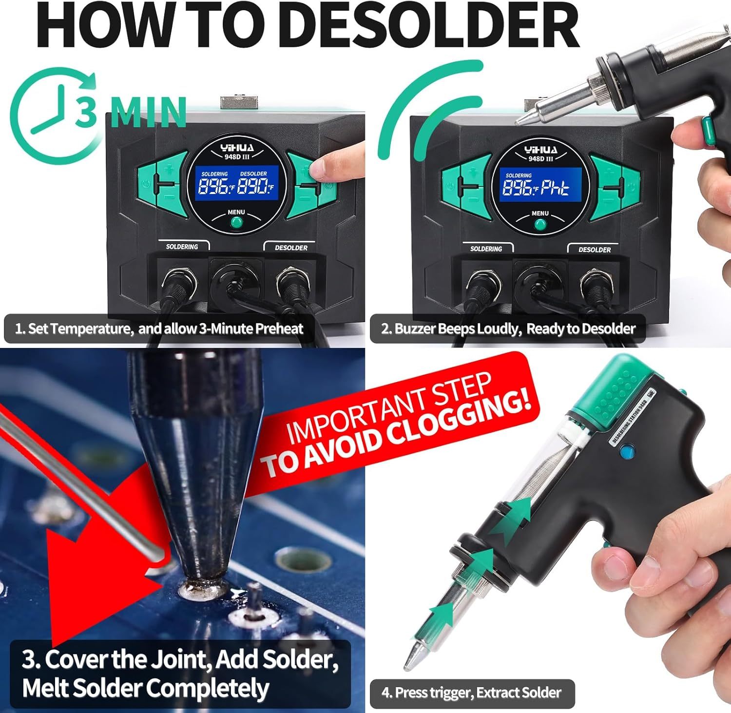 YIHUA 948D III Soldering Iron Desoldering Station Kit with Upgraded Desolder Tool, 110W EVO Solder Iron, Vacuum Pump, 3 Desoldering Nozzles, with Automatic Shutdown, Sleep Mode Functions.