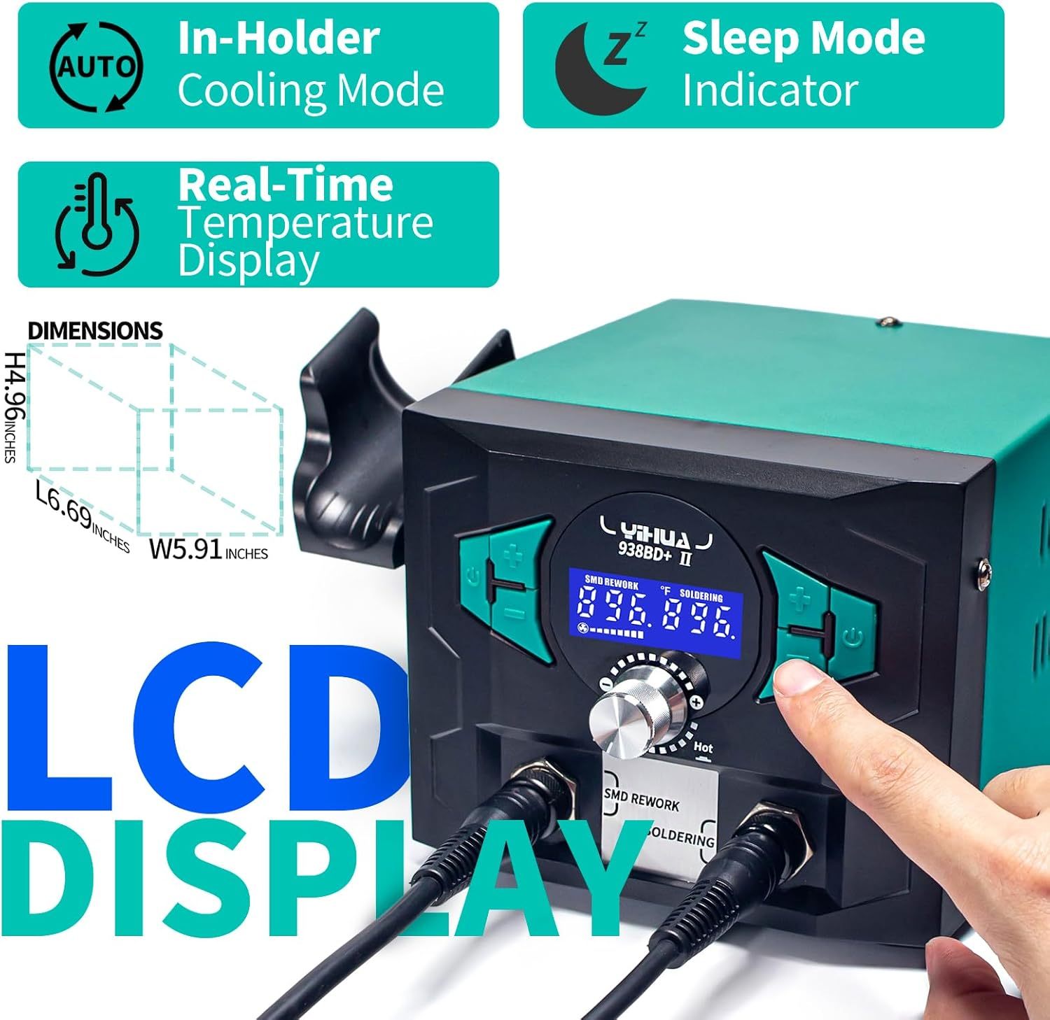 YIHUA 938BD+ II Soldering Iron Station Hot Air Rework with Sleep Mode, °F /°C, Digital Temperature Calibration Functions with Lead-free solder wire, 3 soldering tips, X-2 holder
