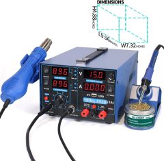 YIHUA 853D USB 3A-Three Tools- Soldering Station, Hot Air Rework Station and Power Supply 0~3A, 0-15V with output and test modes. Also ºC/°F display, Digital Cal, Sleep Function