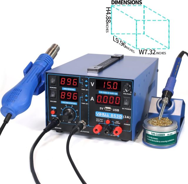 YIHUA 853D USB 3A-Three Tools- Soldering Station, Hot Air Rework Station and Power Supply 0~3A, 0-15V with output and test modes. Also ºC/°F display, Digital Cal, Sleep Function