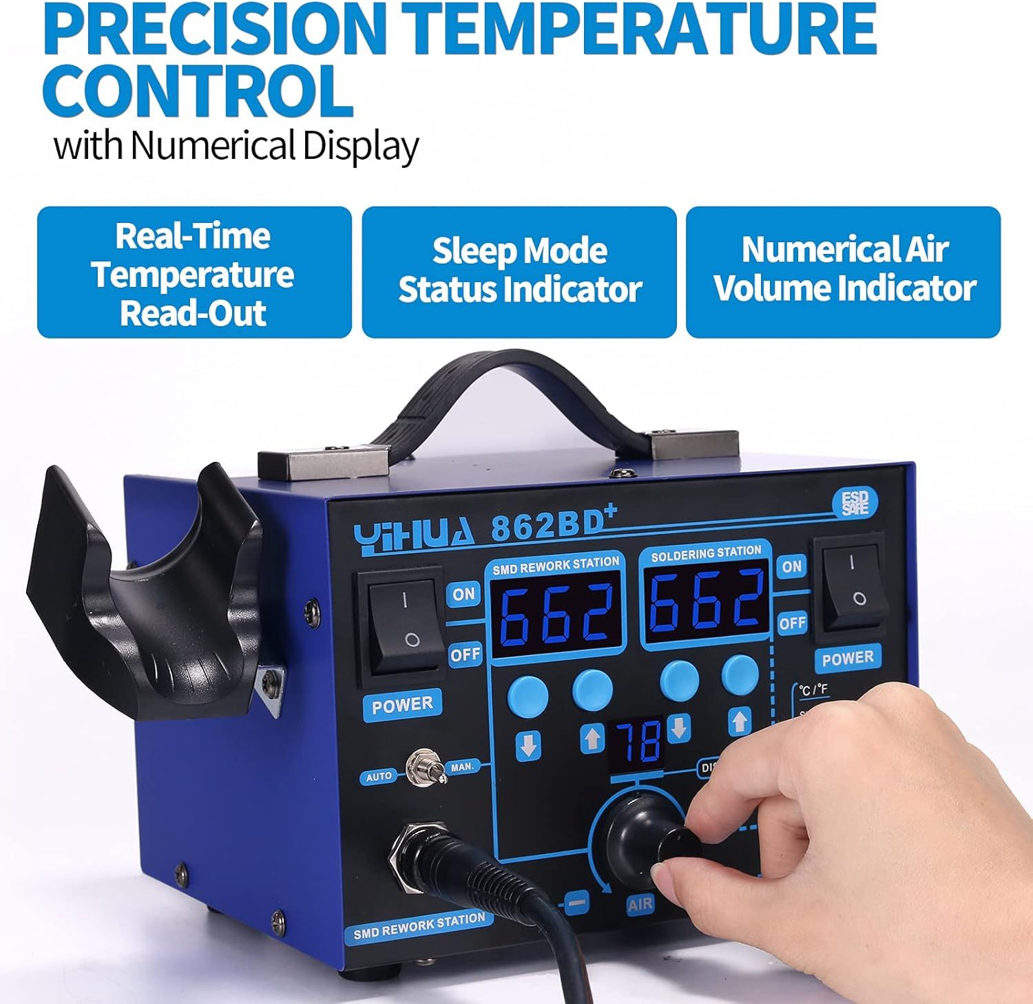 YIHUA 862BD+ SMD ESD Safe 2 in 1 Soldering Iron Hot Air Rework Station °F /°C with Multiple Functions