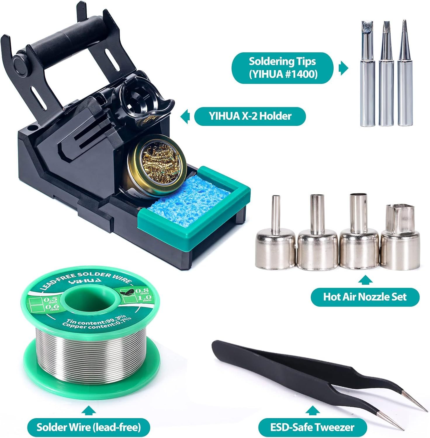 YIHUA 938BD+ II Soldering Iron Station Hot Air Rework with Sleep Mode, °F /°C, Digital Temperature Calibration Functions with Lead-free solder wire, 3 soldering tips, X-2 holder