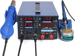 YIHUA 853D USB 3A-Three Tools- Soldering Station, Hot Air Rework Station and Power Supply 0~3A, 0-15V with output and test modes. Also ºC/°F display, Digital Cal, Sleep Function