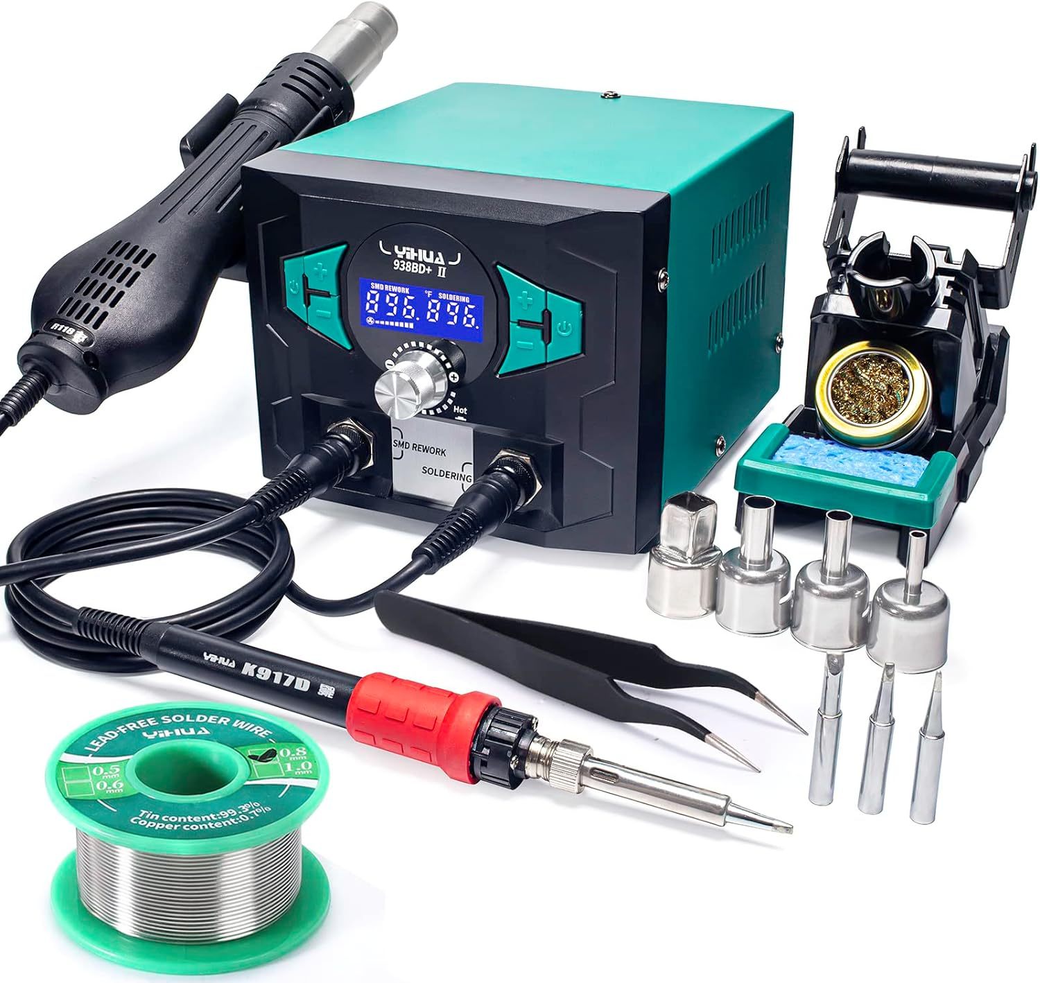 YIHUA 938BD+ II Soldering Iron Station Hot Air Rework with Sleep Mode, °F /°C, Digital Temperature Calibration Functions with Lead-free solder wire, 3 soldering tips, X-2 holder
