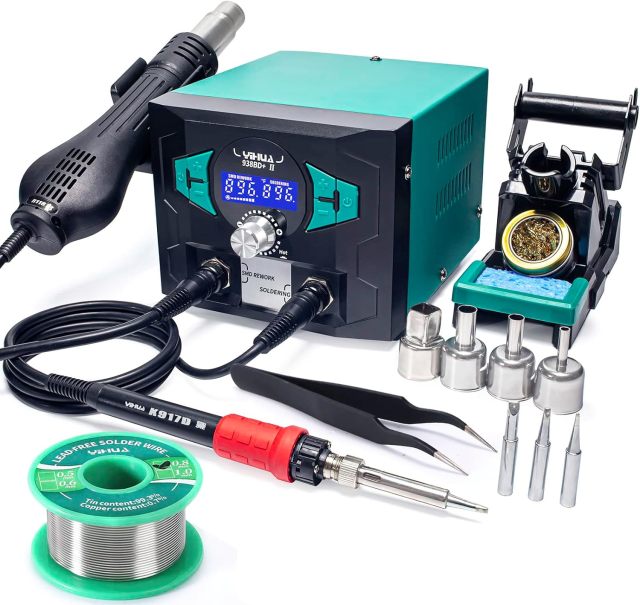 YIHUA 938BD+ II Soldering Iron Station Hot Air Rework with Sleep Mode, °F /°C, Digital Temperature Calibration Functions with Lead-free solder wire, 3 soldering tips, X-2 holder