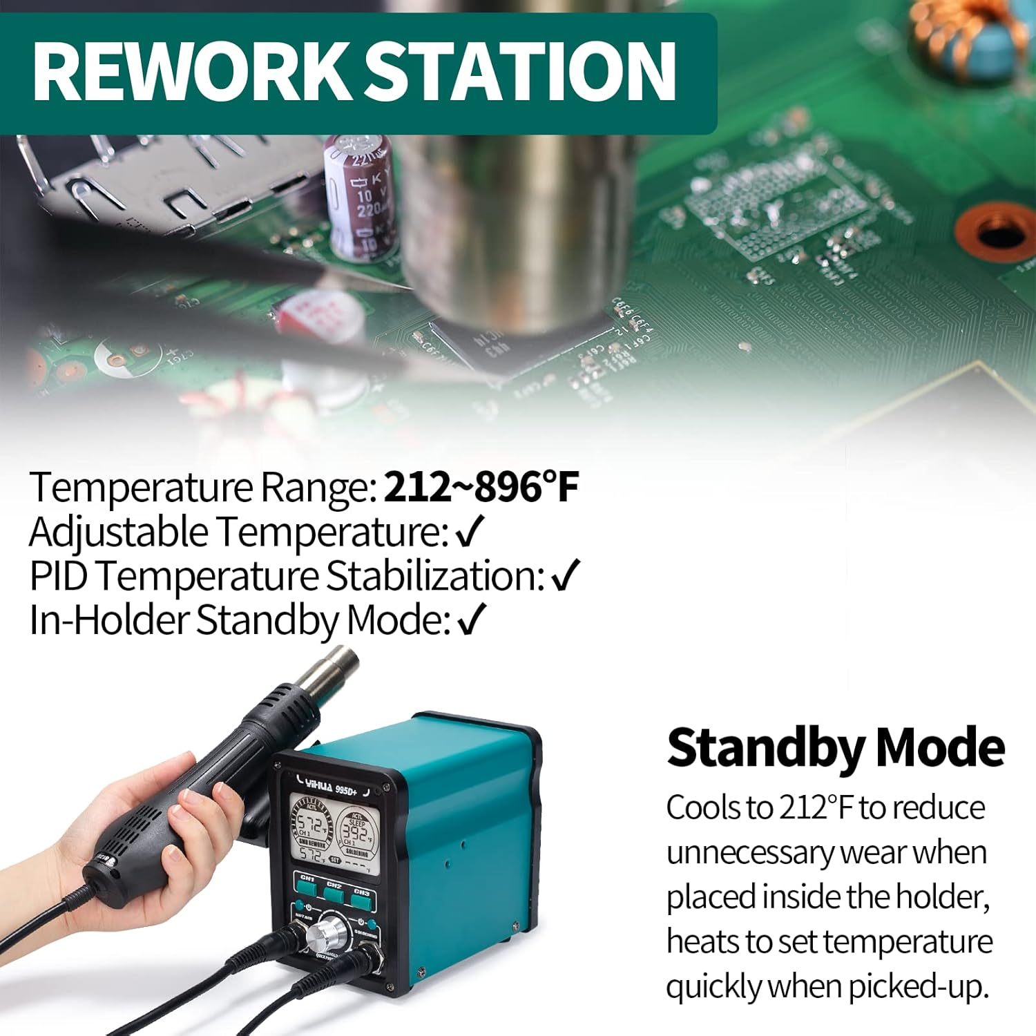 YIHUA 995D+ EVO Soldering Hot Air Station Kit 2-IN-1 110W Soldering Iron with LCD Display, Power Meter, Preset Channels, Sleep Mode, °C-°F Conversion, Automatic Shutdown Functions