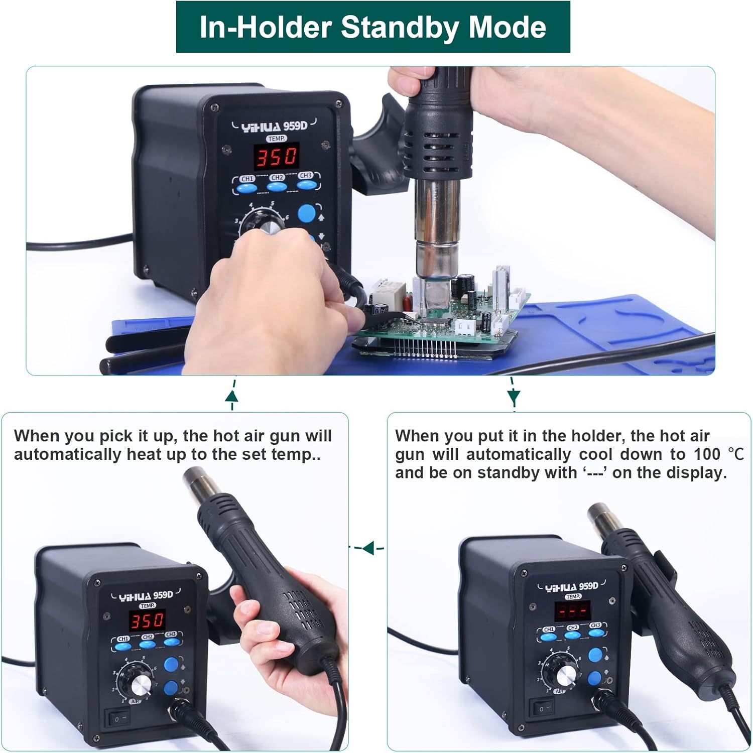YIHUA 959D-Digital Hot Air Rework Station, High Power with 3 Memories, Airflow Efficiency, °F /°C Display, Accurate Temp.(212°F~932°F), Brushed Aluminum Panel & Safety Features