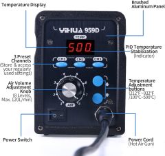 YIHUA 959D-Digital Hot Air Rework Station, High Power with 3 Memories, Airflow Efficiency, °F /°C Display, Accurate Temp.(212°F~932°F), Brushed Aluminum Panel & Safety Features