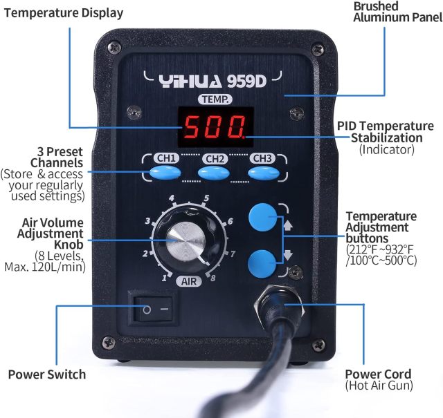 YIHUA 959D-Digital Hot Air Rework Station, High Power with 3 Memories, Airflow Efficiency, °F /°C Display, Accurate Temp.(212°F~932°F), Brushed Aluminum Panel & Safety Features