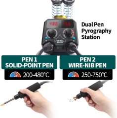 YIHUA 939D-VII Pyrography Tool Wood Burning Pen Kit Station 2-in-1 Solid-Point 200~480°C (with Temp Display)/Wire-Nib 250~750°C with 23 Nibs, 50 Solid Points, 6 Woodpieces