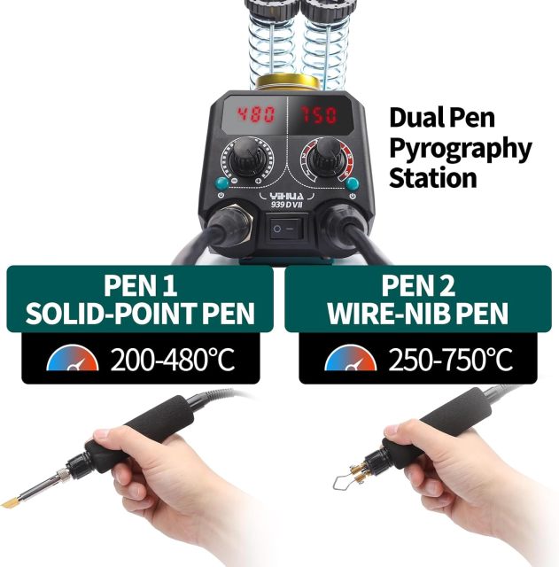 YIHUA 939D-VII Pyrography Tool Wood Burning Pen Kit Station 2-in-1 Solid-Point 200~480°C (with Temp Display)/Wire-Nib 250~750°C with 23 Nibs, 50 Solid Points, 6 Woodpieces