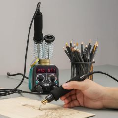 YIHUA 939D-VII Pyrography Tool Wood Burning Pen Kit Station 2-in-1 Solid-Point 200~480°C (with Temp Display)/Wire-Nib 250~750°C with 23 Nibs, 50 Solid Points, 6 Woodpieces
