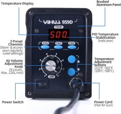 YIHUA 959D-Digital Hot Air Rework Station, High Power with 3 Memories, Airflow Efficiency, °F /°C Display, Accurate Temp.(212°F~932°F), Brushed Aluminum Panel & Safety Features