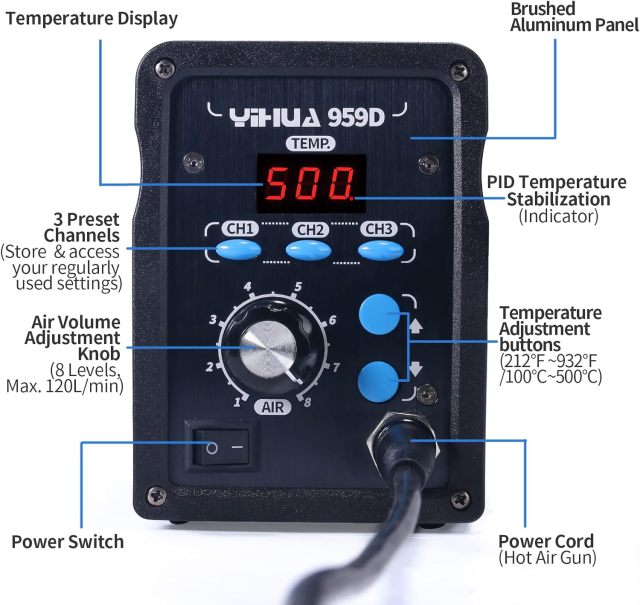 YIHUA 959D-Digital Hot Air Rework Station, High Power with 3 Memories, Airflow Efficiency, °F /°C Display, Accurate Temp.(212°F~932°F), Brushed Aluminum Panel & Safety Features