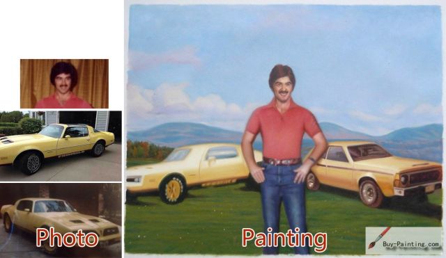Custom oil portrait-Men and two cars