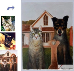 Custom oil portrait-Cat and Dog American Gothic