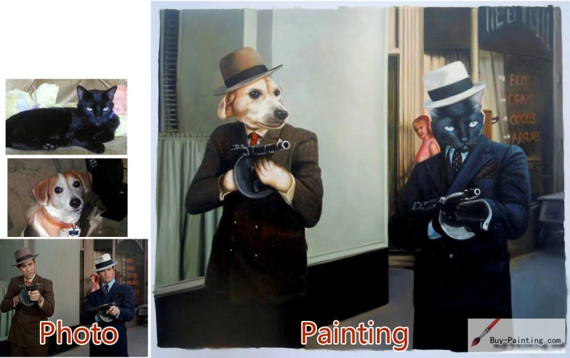 Custom oil portrait-Couple cats American Gothic