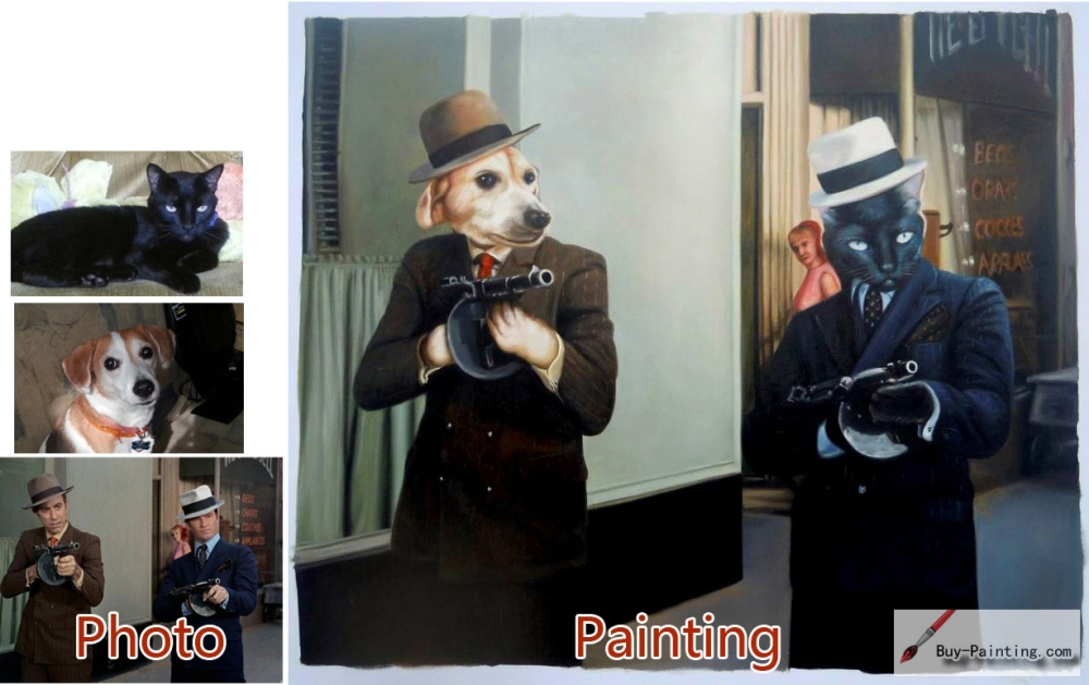 Custom oil portrait-Couple cats American Gothic