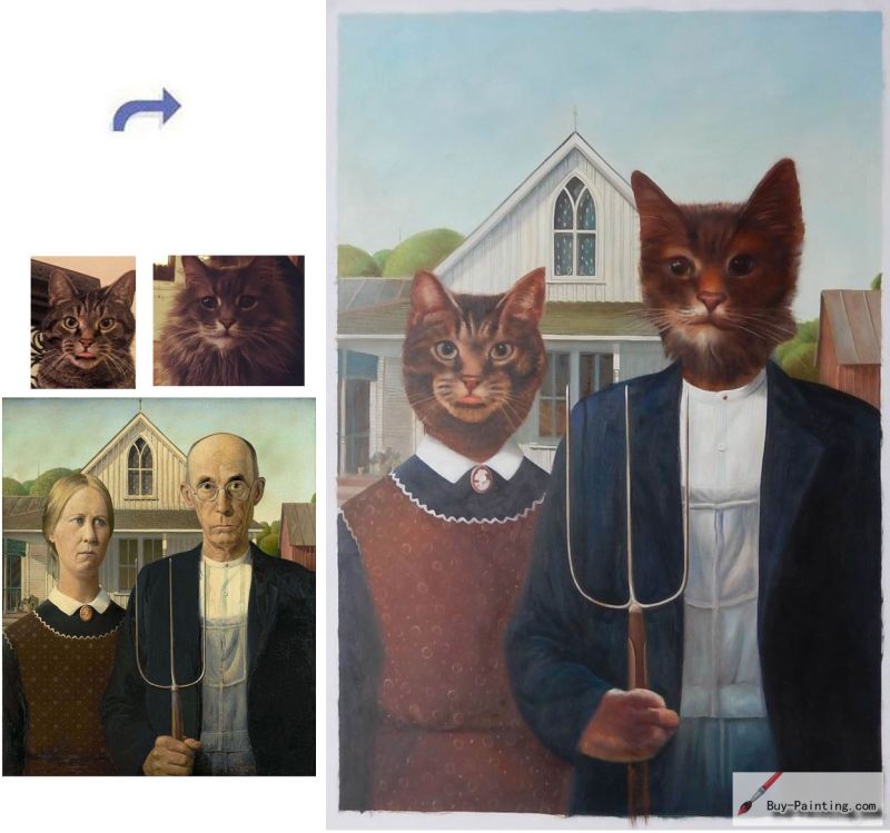 Custom oil portrait-Cat and Dog American Gothic