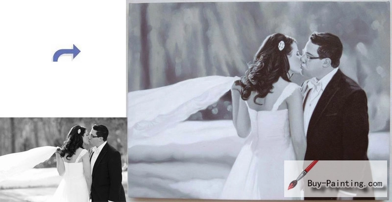 Custom Oil Portrait-The bride and groom kiss in the wind