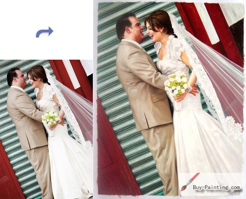 Custom Oil Portrait-The bride and groom kiss