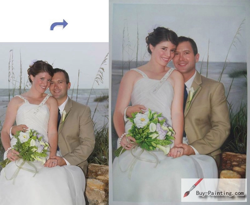 Custom Oil Portrait-The bride and groom kiss in the wind