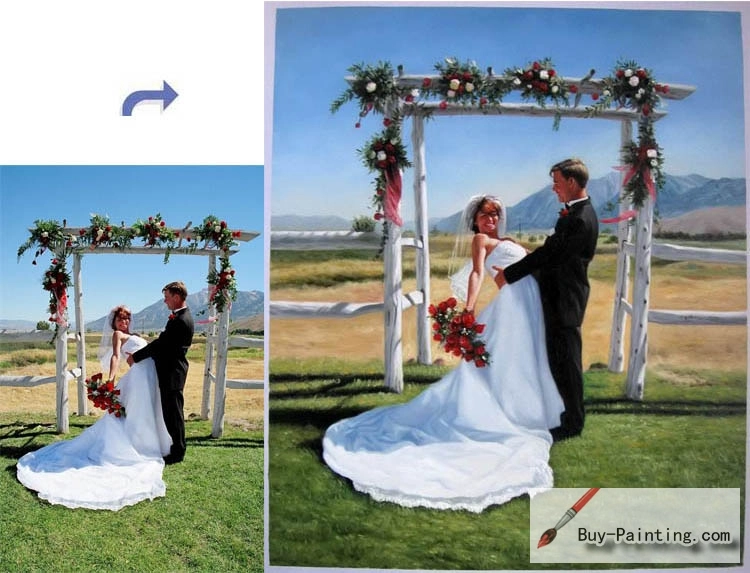 Custom Oil Portrait-The bride and groom kiss in the wind