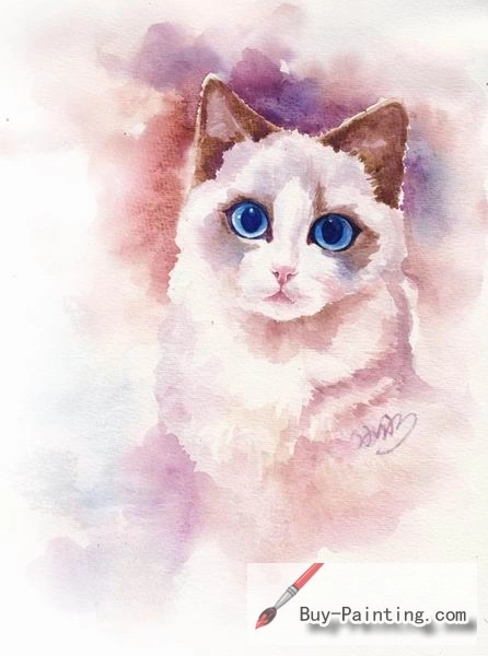 Watercolor painting-Original art poster-Cat with blue eyes
