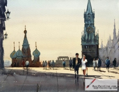 Watercolor painting-Original art poster-Square in Russia