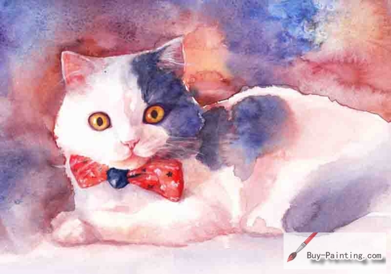Watercolor painting-Original art poster-Cat with tie
