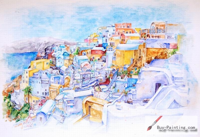 Watercolor painting-A small town by the seaside
