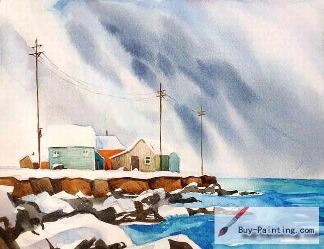 Watercolor painting-The village by the seaside