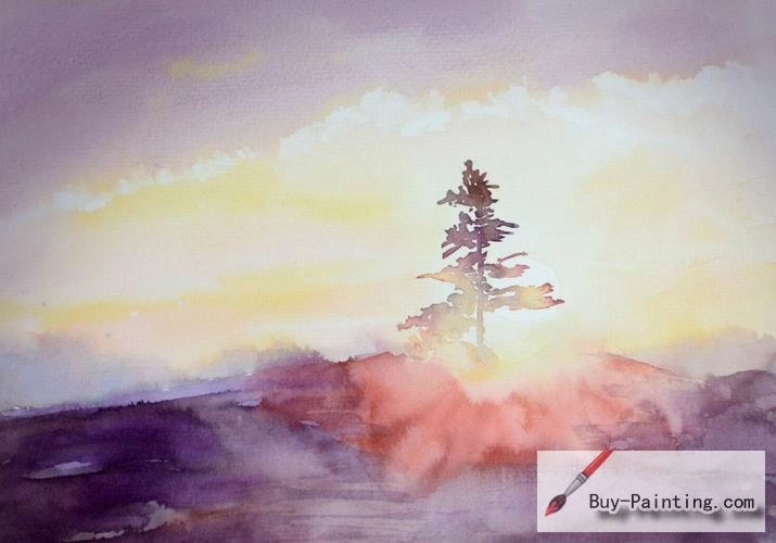 Watercolor painting-Pine tree in the morning