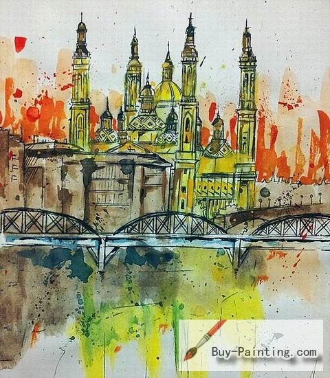 Watercolor painting-Castle and Bridge