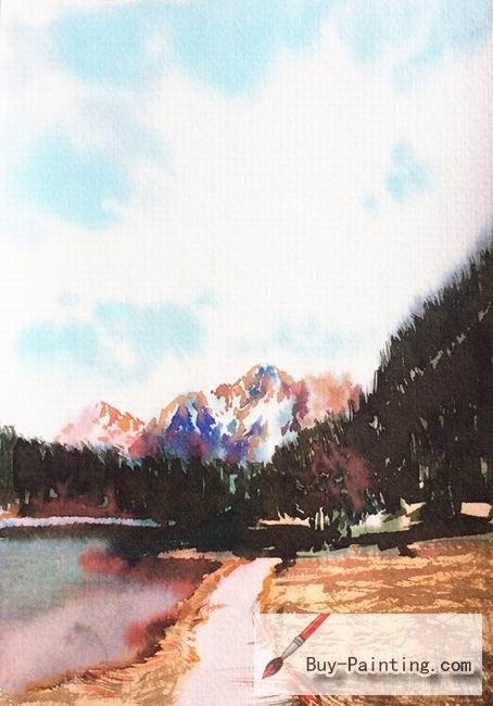 Watercolor painting-Road by the riverside