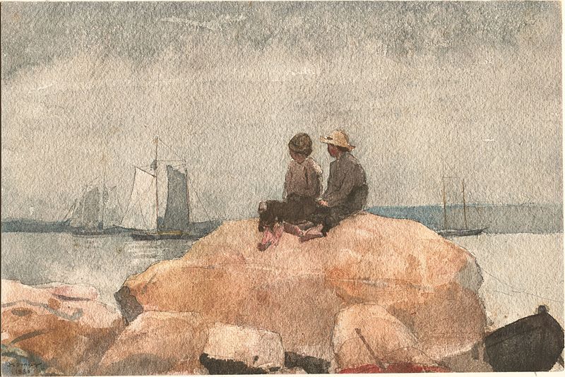 Two boys watching schooners, 1880