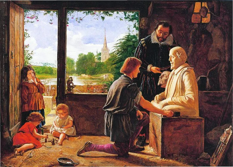 A painting by Wallis depicting Gerard Johnson carving Shakespeare's funerary monument.